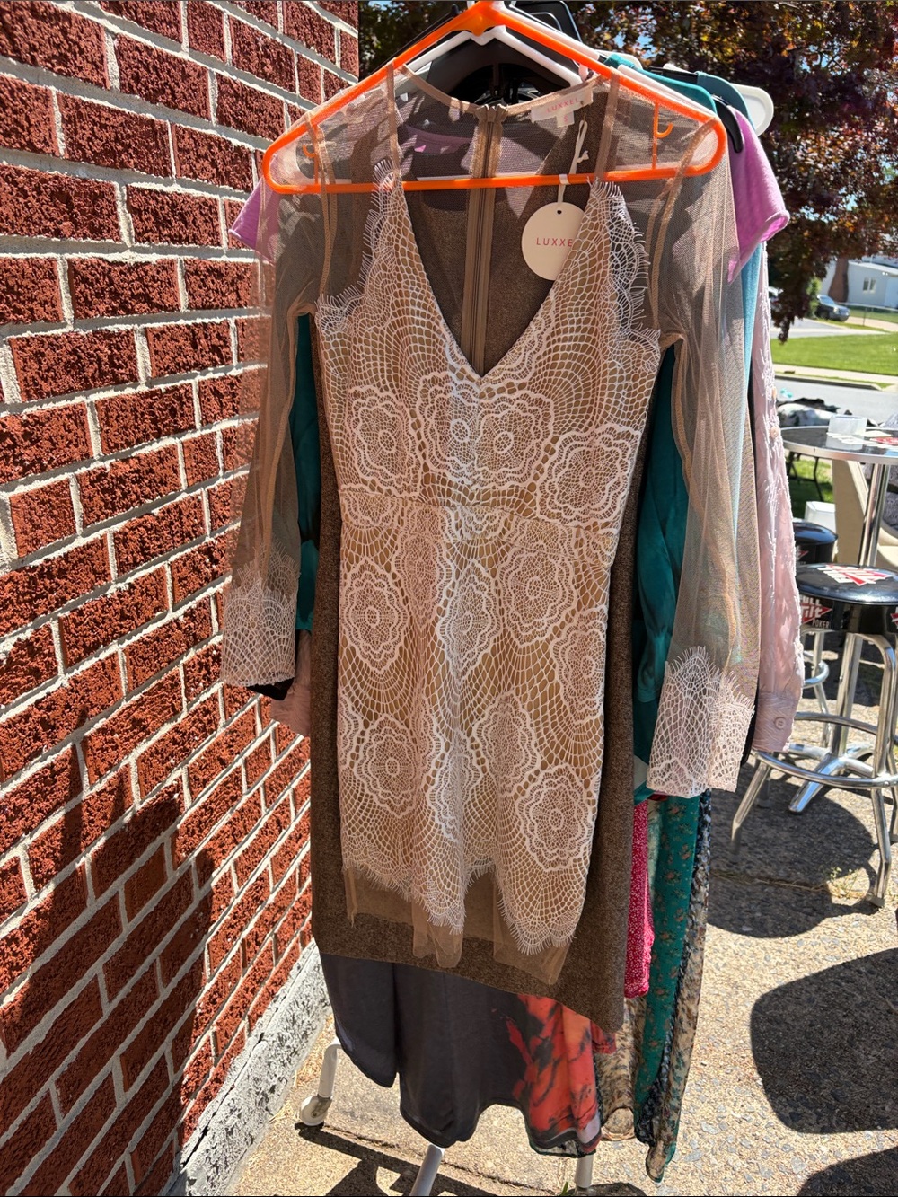 Luxxel Taupe Dress with White Lace Overlay